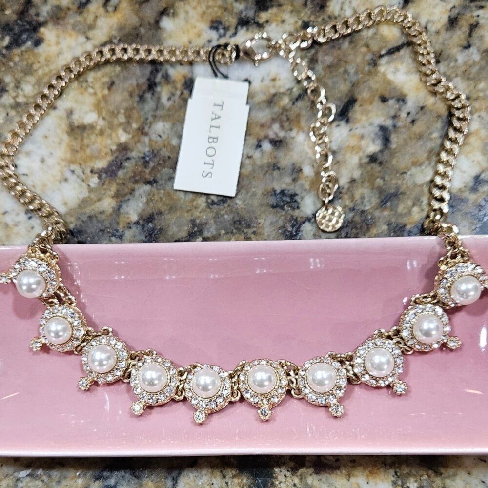 Fashion Necklace with 10 "Pearls"" Surrounded by Sparkling Crystals, Gold color
